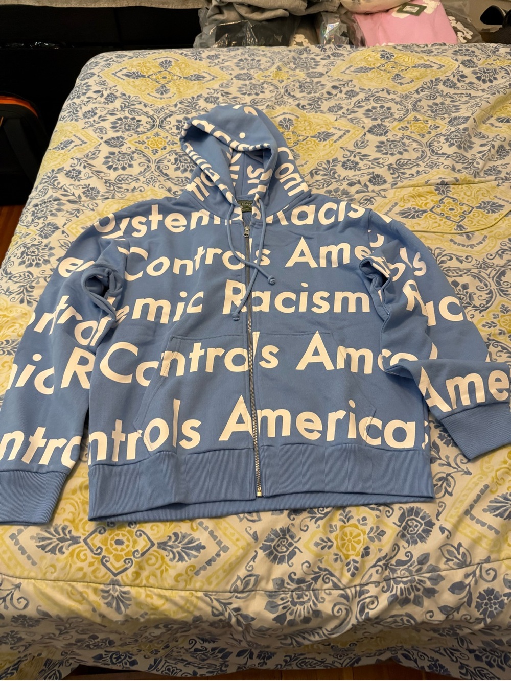 Denim Tears Blue Graphic Zip-Up Hoodie with White Text